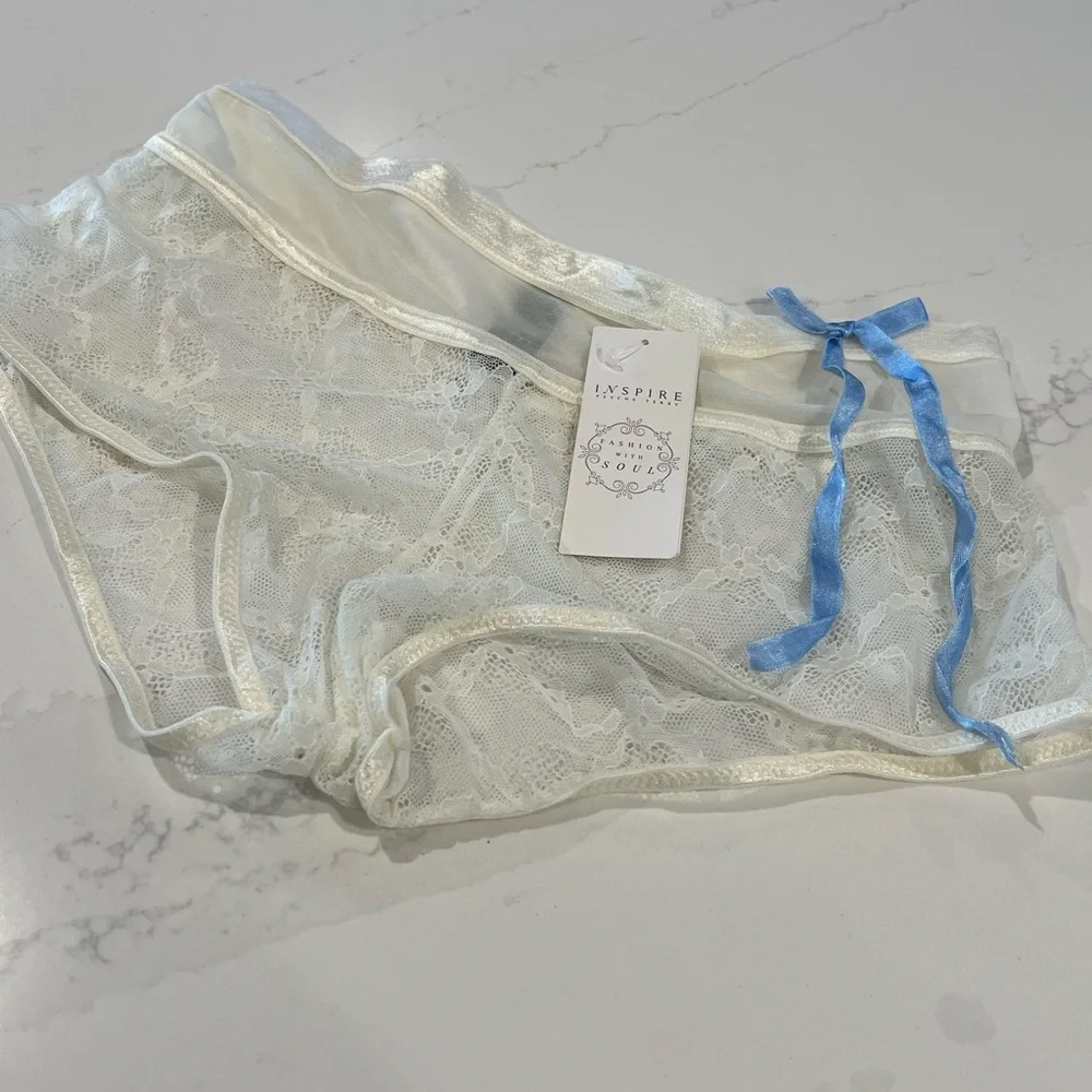Inspire Women's White Lace Panties‎ with Blue Ribbon
